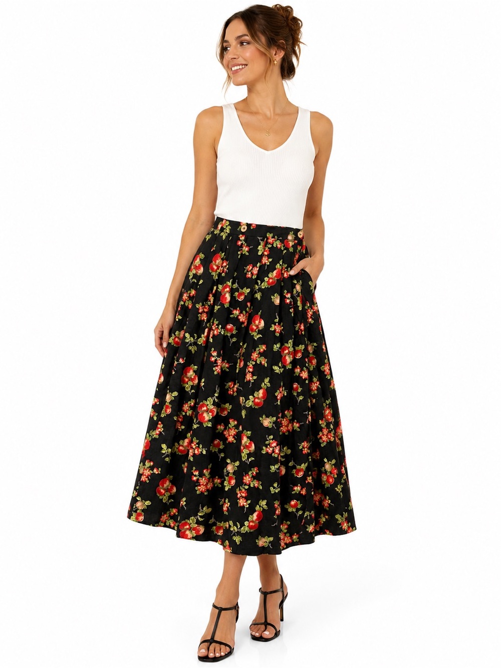 Vtg 80/90’s Geiger Collection Austria Linen Cotton Apple Print Midi Skirt W 38